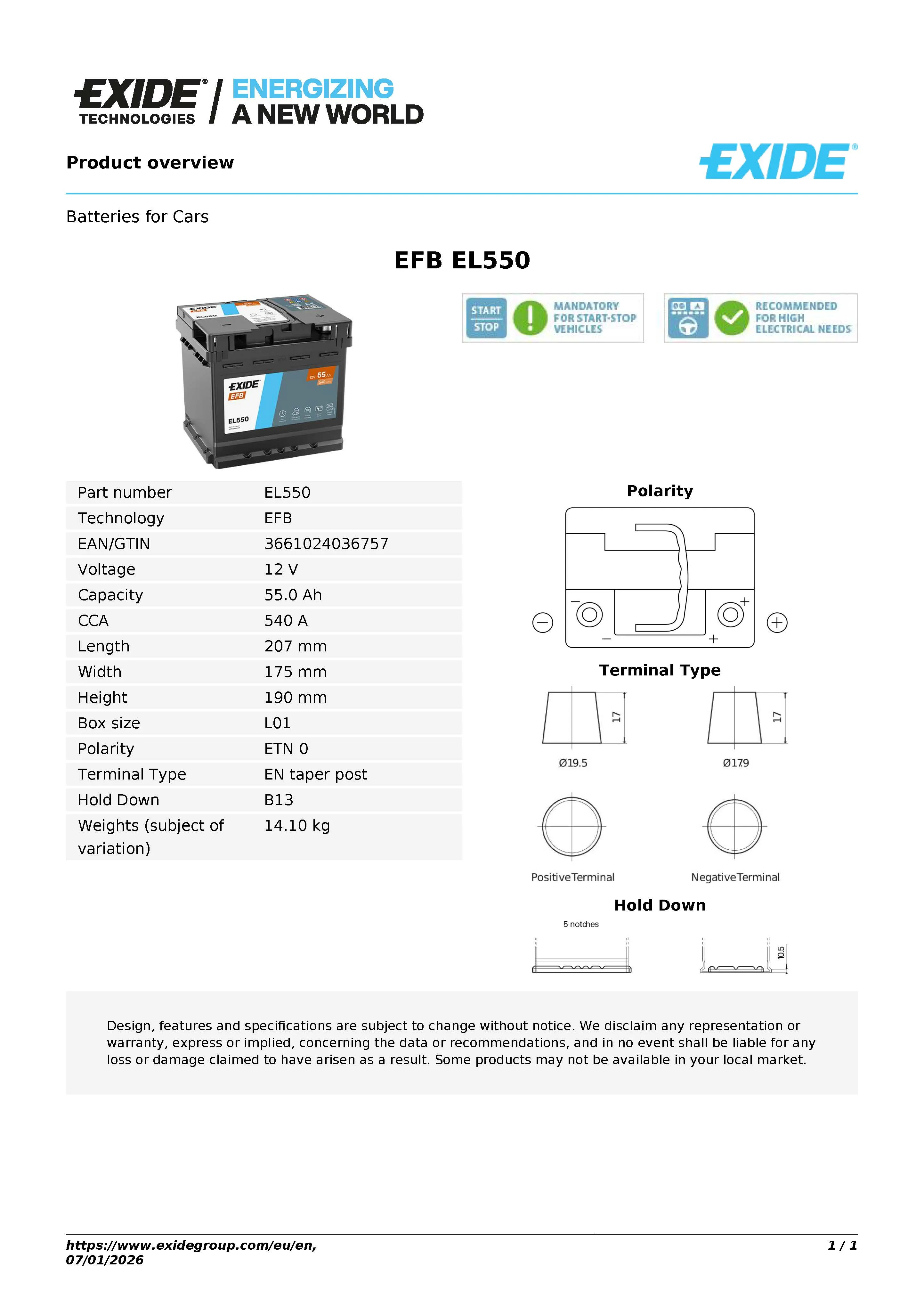 Imagine produs: Acumulator 55Ah 540A 12V (STOP-START) EFB EXIDE (EL550)
