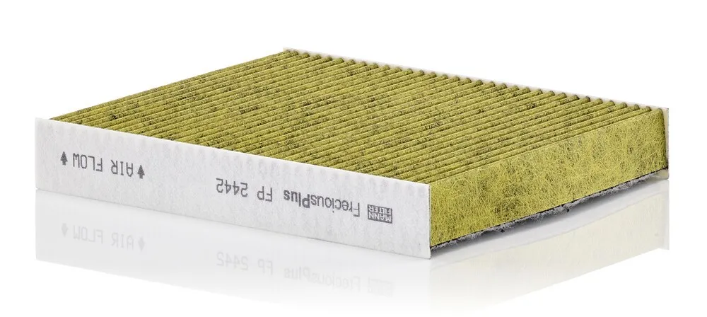 Imagine produs: Filtru polen, aer habitaclu, carbune activ cu polifenol, cu efect antibacterial, praf fin (PM 2.5), cu efect fungicid, 240 mm x 204 mm x 35 mm, FreciousPlus MANN-FILTER (FP 2442)