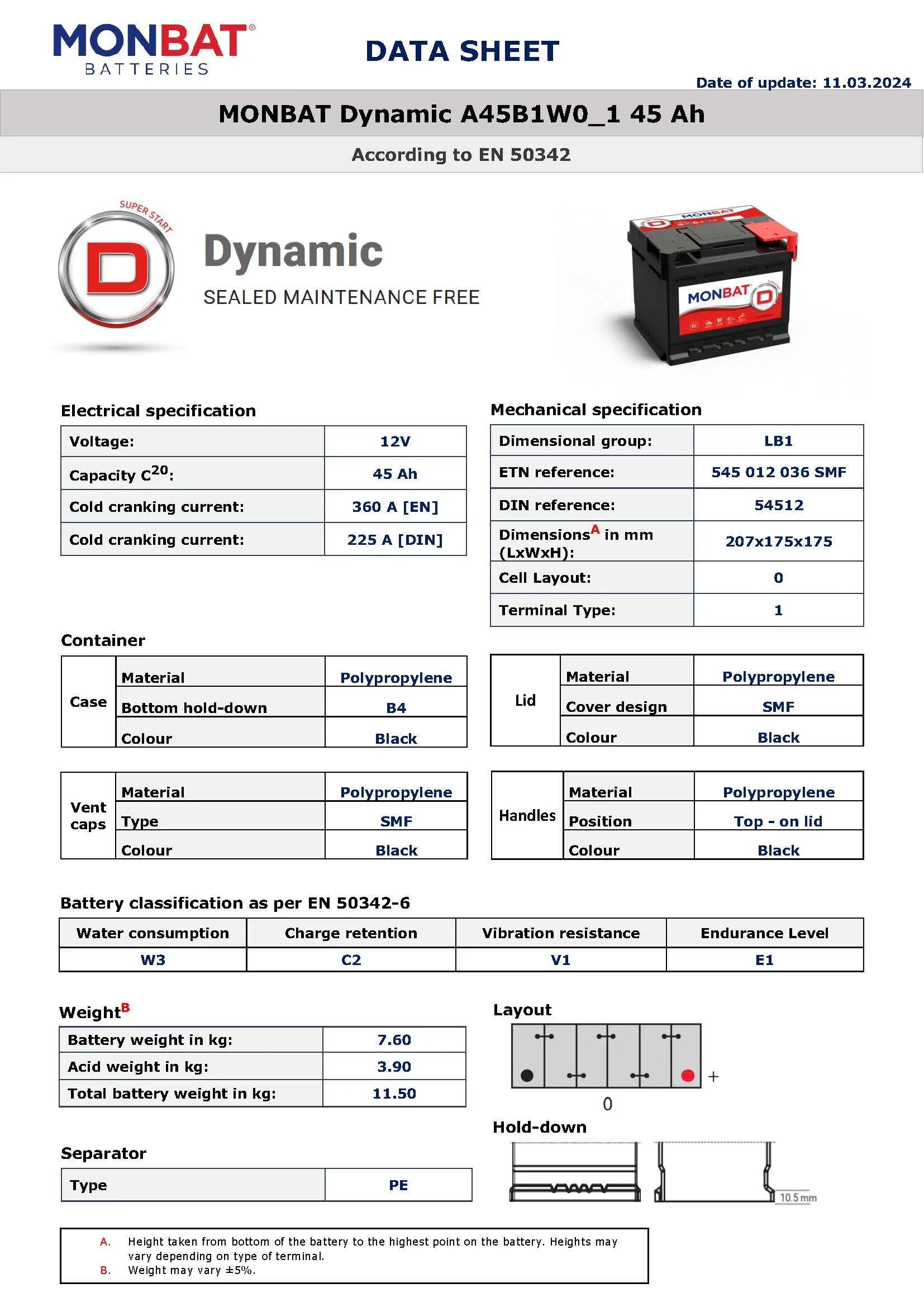 Imagine produs: Acumulator 45Ah 360A 12V MONBAT (545 012 036)