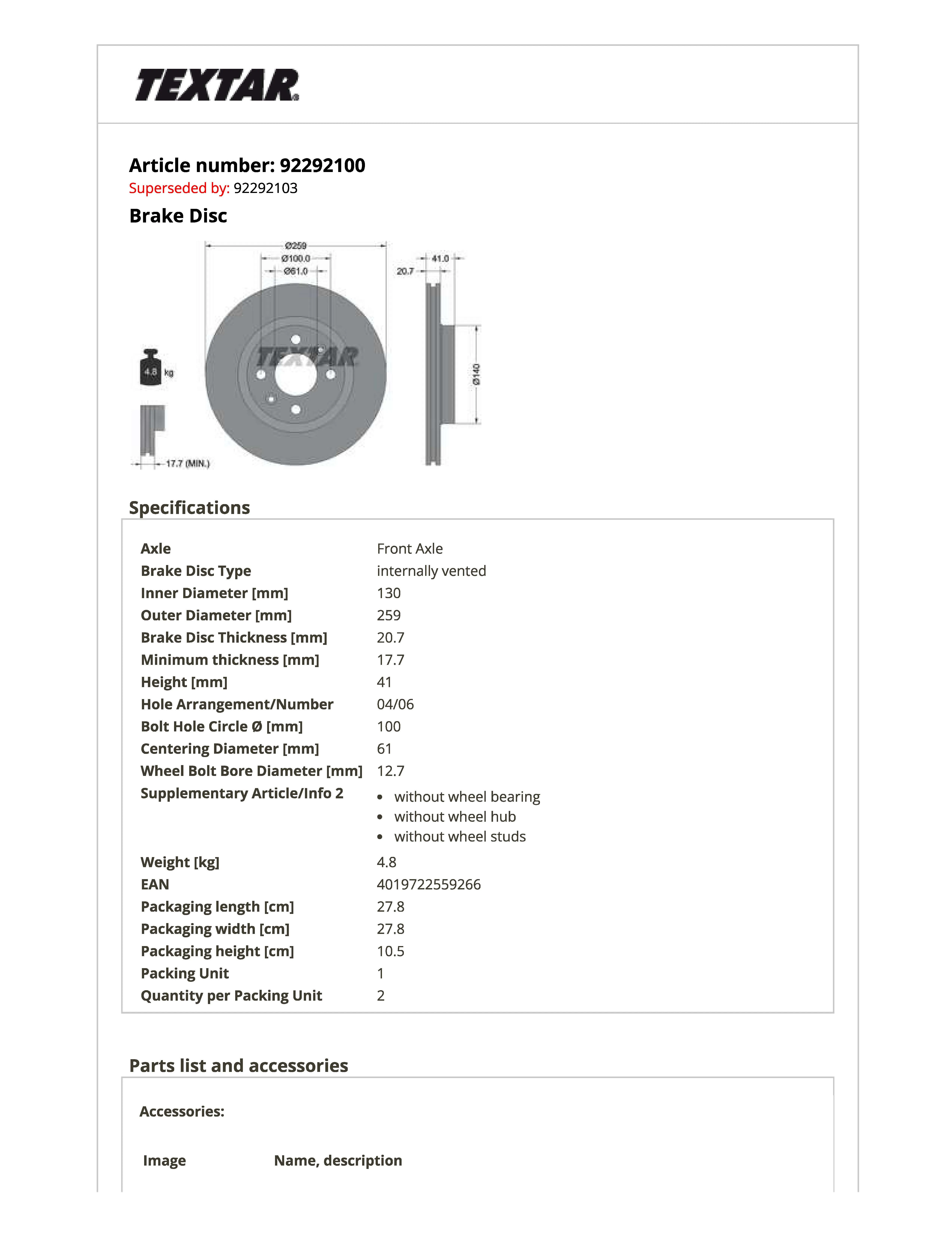 Imagine produs: Disc frana TEXTAR (92292100)