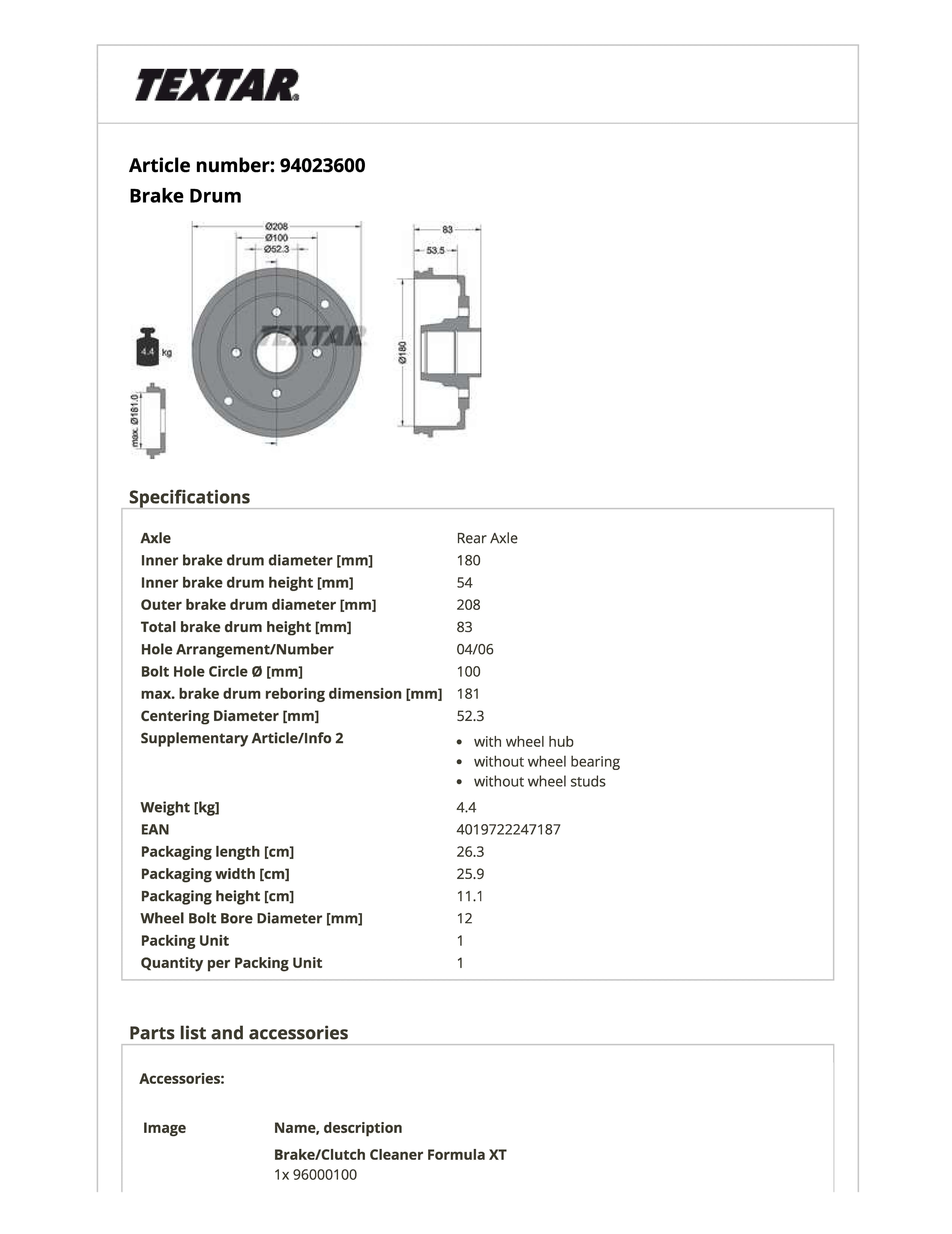 Imagine produs: Tambur de frana TEXTAR (94023600)