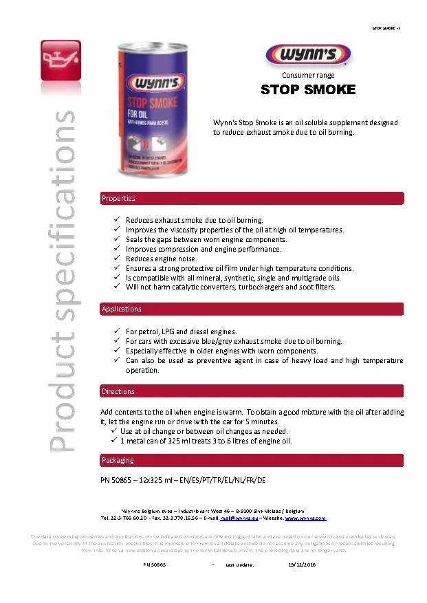 Imagine produs: Stop Smoke Aditiv lubrifiant WYNN'S (W50865)